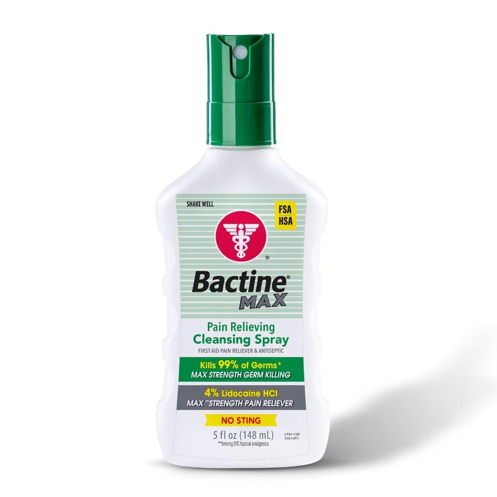 Bactine Max Dolore Rilievo Antisettico Spray con Lidocaina, Primo Soffio + Rilievo Itch, No-Sting, Uccide il 99% di Germs*, 5oz
