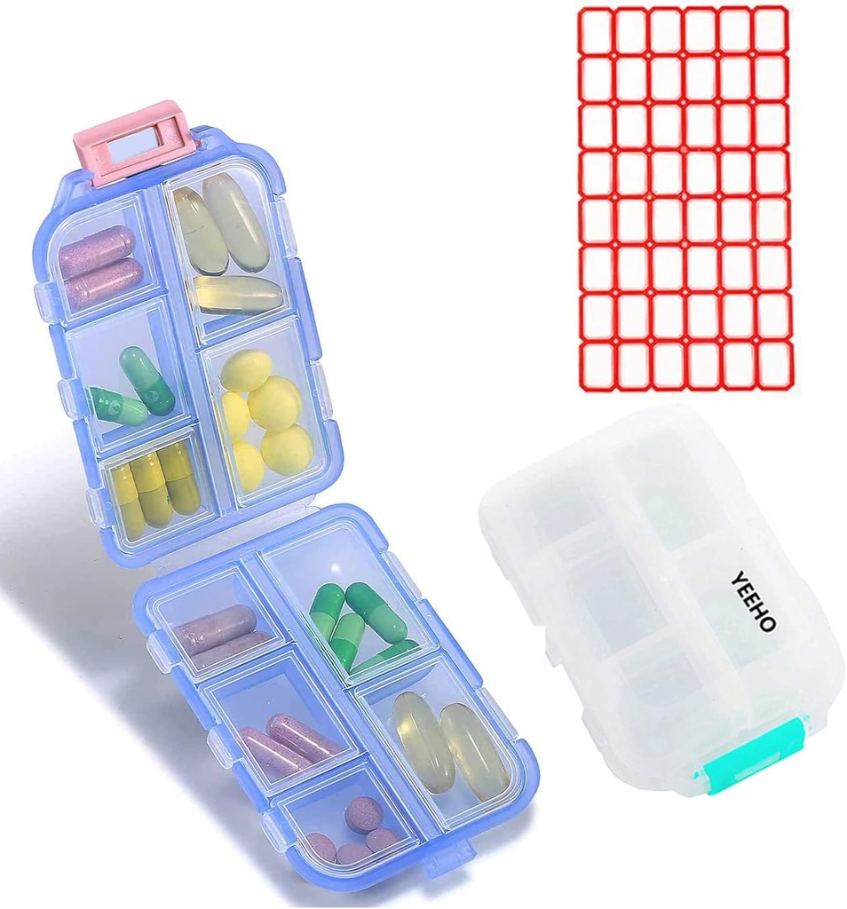 Casella di pedaggio (2 Pack) - Portatile Small Supplements Tablet Container Box con 10 scomparti - Medicina Vitamin Organizer Dispenser Holder Storage per viaggio Pocket Purse (Blue+White)