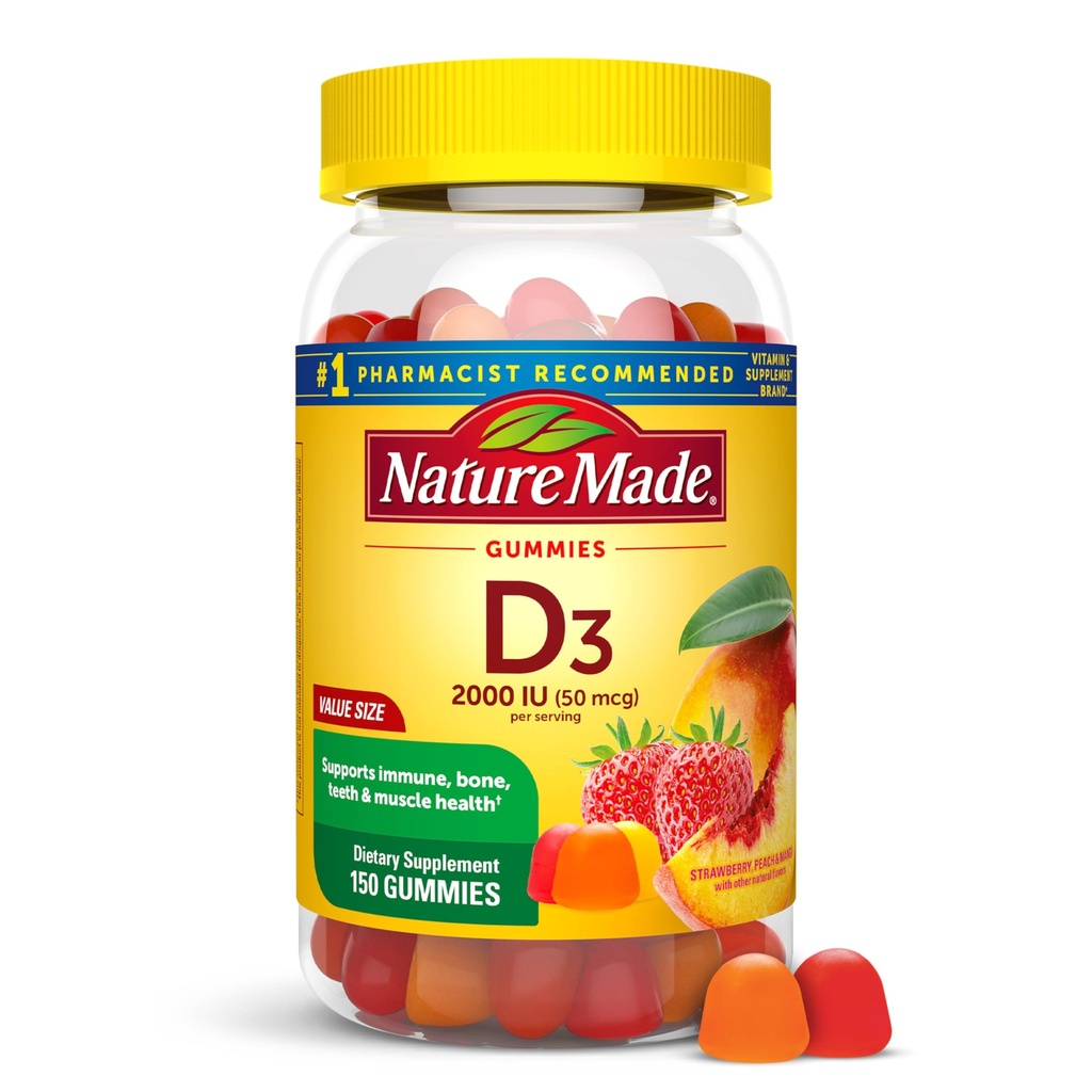 Vitamina D3 2000 IU Per Serve Gummies, Bone, Teeth, Supporto per la Salute Muscolo e Immune, Alimentazione di 75 giorni, 150 Gummie di Vitamina D per Adulti