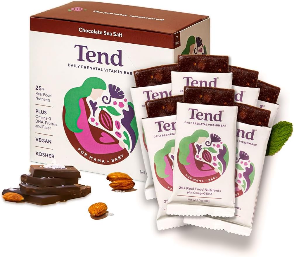 Tend Daily Best Prenatal Vitamin Bar, Realizzato con ingredienti biologici per le madri incinte e post-partum, Include DHA, Vitamina D, B, Choline, Folate - Chocolate Sea Salt (7ct)