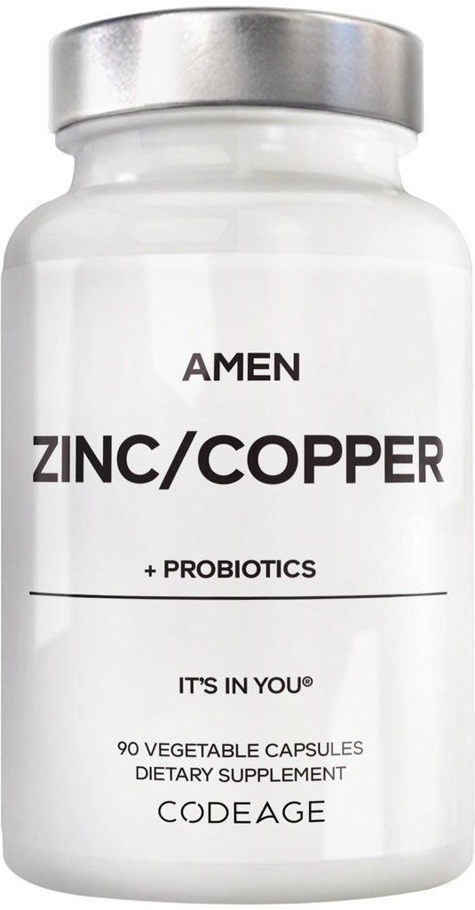 Amen Zinc & Copper Supplement + Probiotici, 3 mesi di alimentazione, uno al giorno - 50 mg Zinc Pillole di vitamina Picolinate - Integratori di minerali essenziali - 2 miliardi di CFU Probiotici – Vegan, Non OGM, 90 capsule