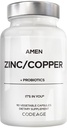Amen Zinc & Copper Supplement + Probiotici, 3 mesi di alimentazione, uno al giorno - 50 mg Zinc Pillole di vitamina Picolinate - Integratori di minerali essenziali - 2 miliardi di CFU Probiotici – Vegan, Non OGM, 90 capsule