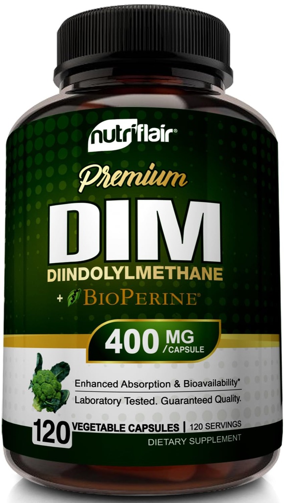 NutriFlair DIM Supplemento 400mg con Bioperine, 120 Capsule - Diindolylmethane - Estrogen Metabolism Support & Hormone Balance, Menopausa, PCOS, Acne e Cura della Pelle per Uomini & Donne - Confronta 300mg