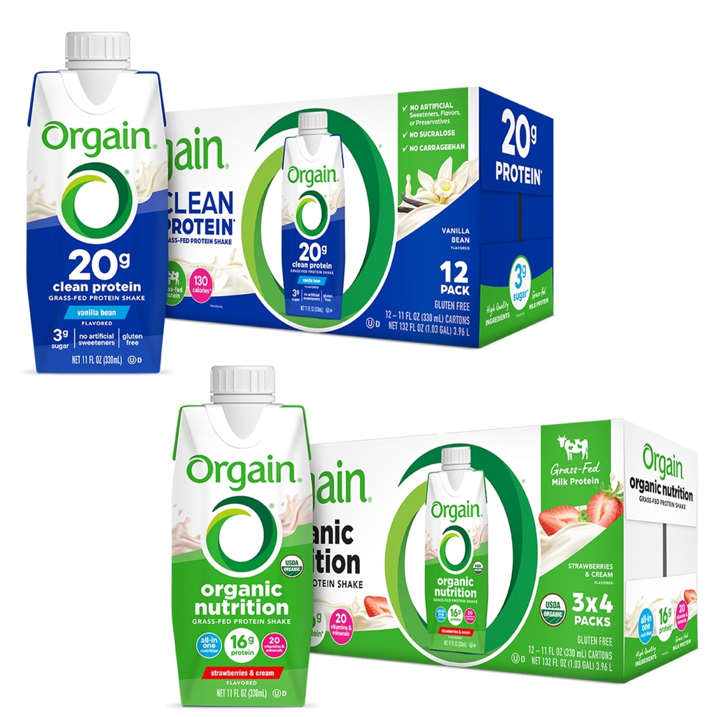 Agitazione di proteina pulita di Orgain, Latticini di erba, Fagiolo di Vanilla (Pacchetto di 12) e Shake di proteine nutrizionali organiche di Orgain, Fragole & Crema (Pacchetto di 12)