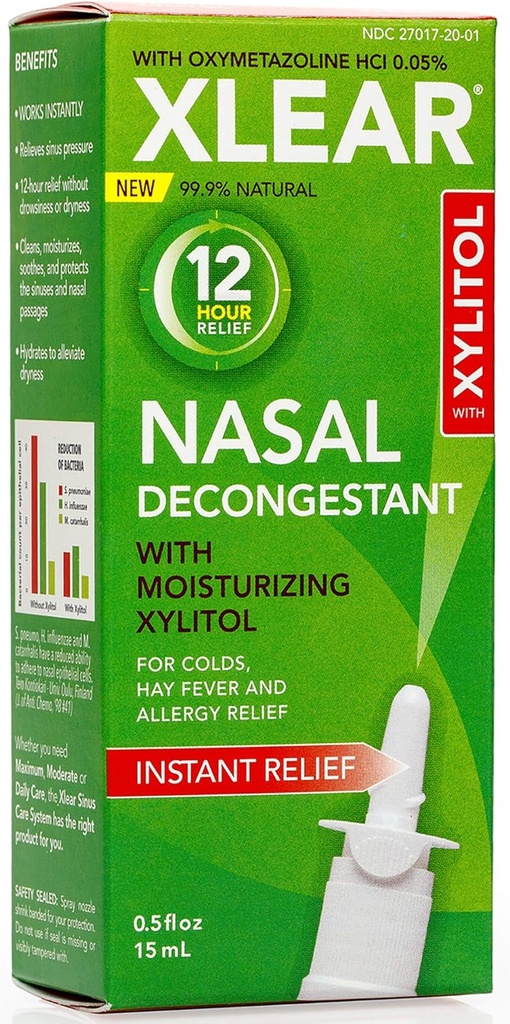 Xlear 12-Hour naturale Saline Decongestant Spray con Xylitol e Oxymetazoline, Sollievo di pressione e congestione del seno istantaneo per bambini e adulti 0.5 fl oz (Pack of 3)