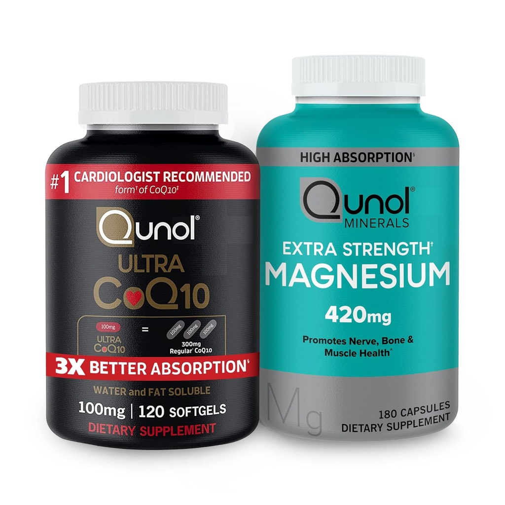 Qunol CoQ10 100mg Softgels, 3X migliore assorbimento 4 mesi di alimentazione + 120 conteggio Magnesio Glycinate capsule 420mg, alto assorbimento Magnesio Supplemento, 180 Conte
