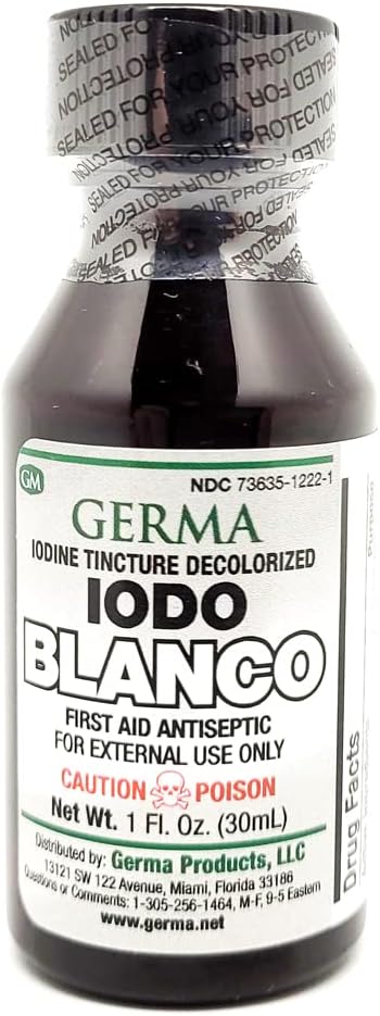 Germa Iodio Tincture Decolorato incolore bianco chiaro Iodo YODO Blanco Liquido