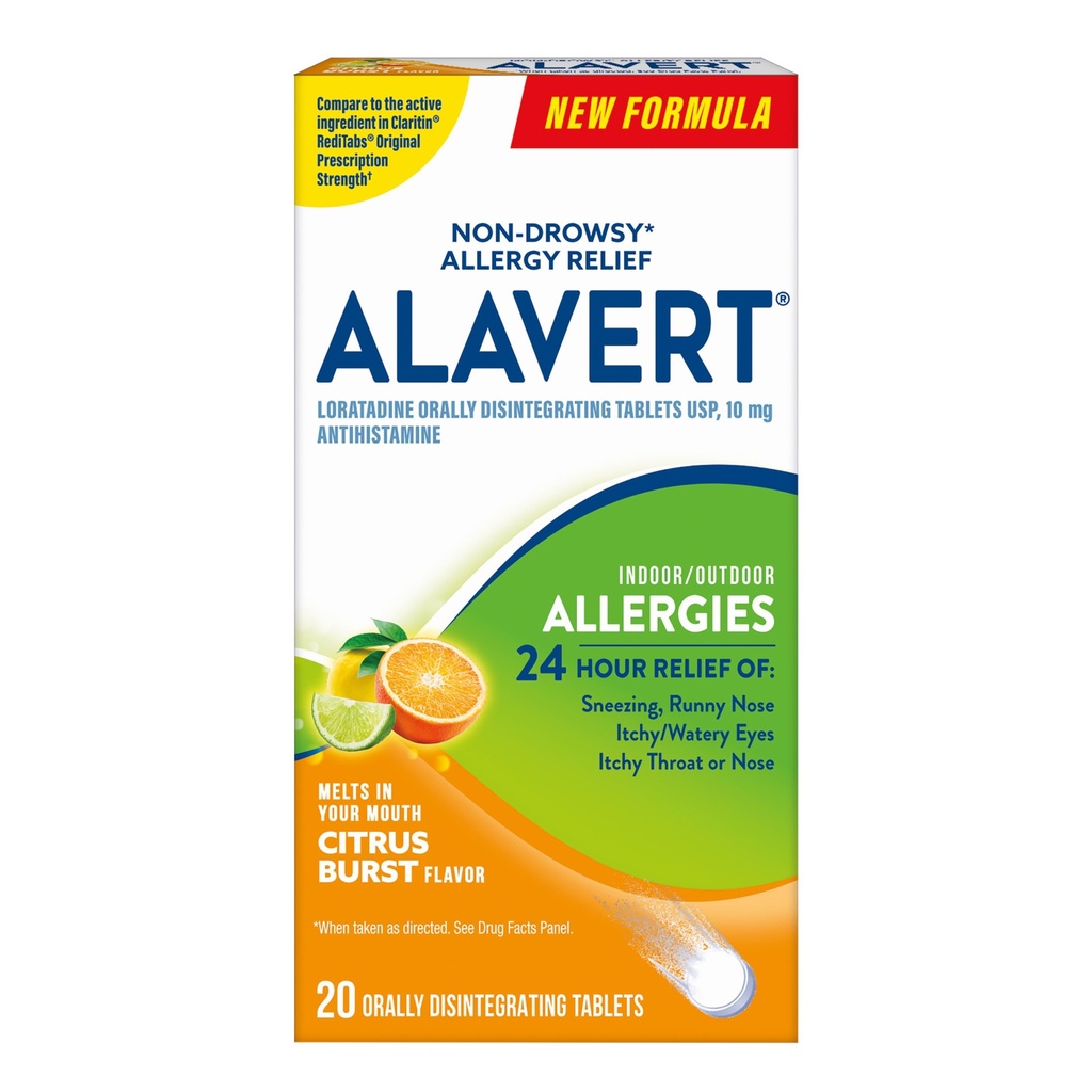 Alavert Allergy 24 ore Rilievo, Citrus Burst Flavor, Orally Disintegrating Allergy Tablets, Antistamina non dolorosa, Loratadine 10mg, 18 Conte