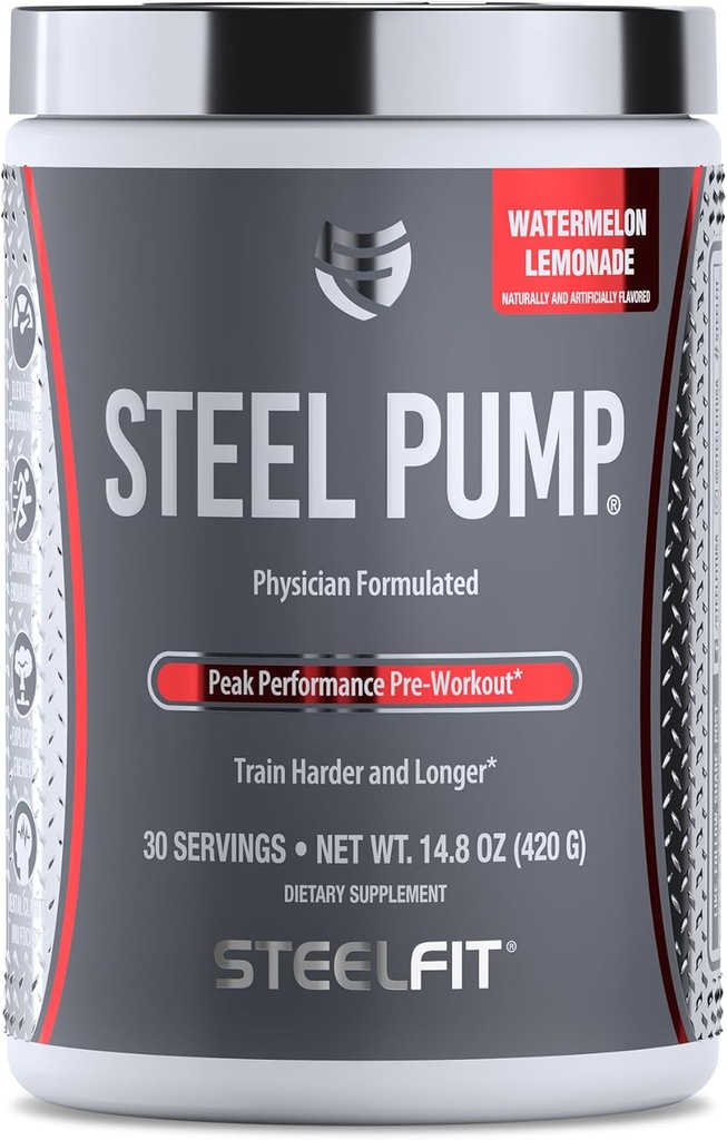 SteelFit Steel Pump | Advanced Pre Workout Powder & Nitric Oxide Supplement | Watermelon Lemonade, 30 Servings | per Muscle Building & Recovery | Realizzato con Peak ATP, Ashwagandha, & Electrolytes