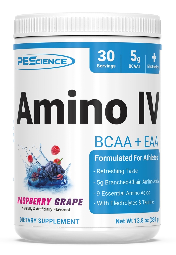 PEScience Amino IV BCAA & EAA Powder, Aminoacidi essenziali, Taurina, Elettroliti per l'idratazione e il recupero del muscolo, Zucchero Libero per uomini e donne, Post Workout - Raspberry Grape - 30 Serve