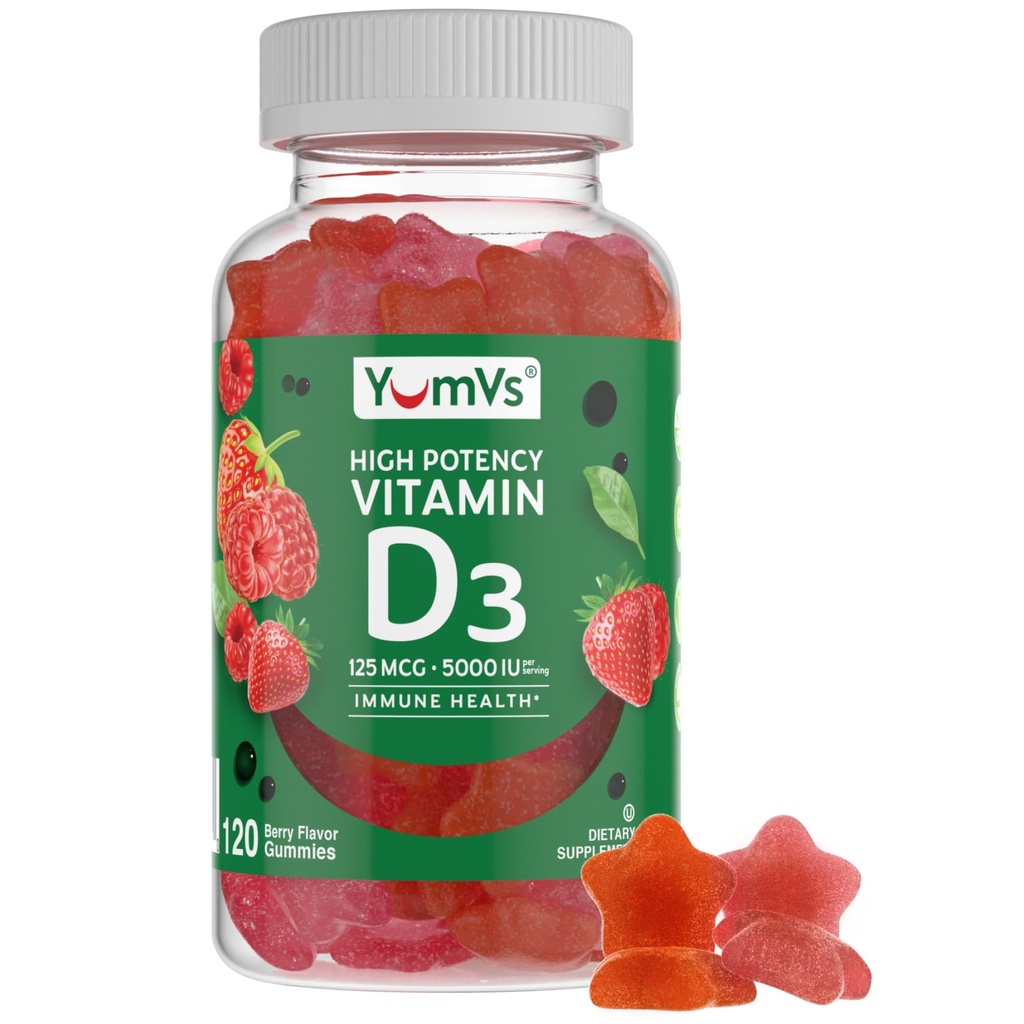 Vitamina D3 Gummies 5000 IU 125mcg D3 Gummies - Supporto Immune, Forte Bone Salute - Non OGM, Senza glutine, Dairy-Free, Vitamina D Gummy (120 conteggio)