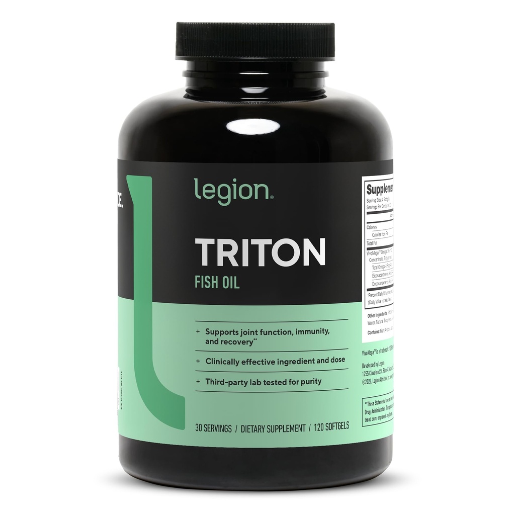 LEGION Triton Fish Oil Capsule - Triple Strength Omega 3 acidi grassi essenziali con vitamina E & olio di limone per assorbimento massimo, freschezza e purezza - 2400mg EPA & DHA Per porzione, 30 Svgs