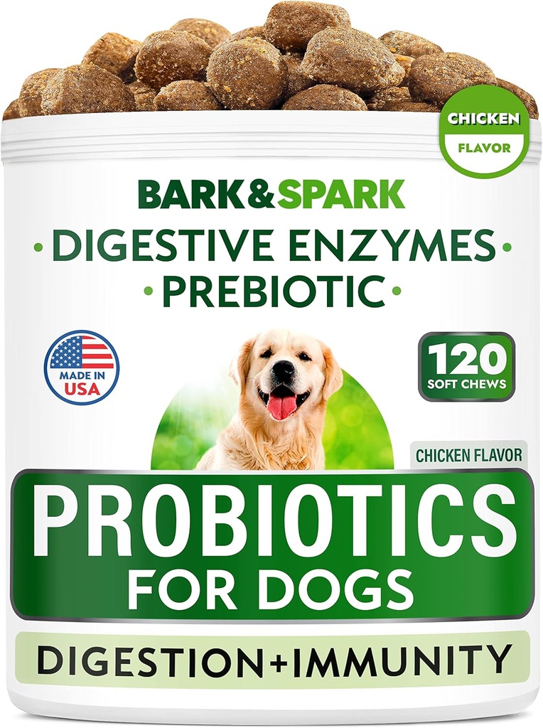 BARK&SPARK Dog Probiotic Chews - Gas, Diarrea, Allergies - Enzimi + Prebiotici - Fibra masticabile - Digestione, Immunità - USA Made - 90 Ct - Pollo