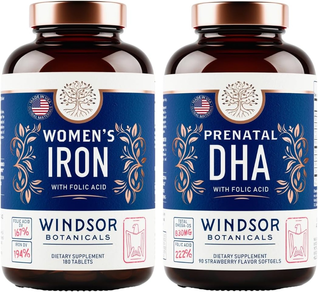 WINDSOR BOTANICALS DHA Prenatale e pillole di ferro per le donne con acido folico - vitamina prenatale Bundle
