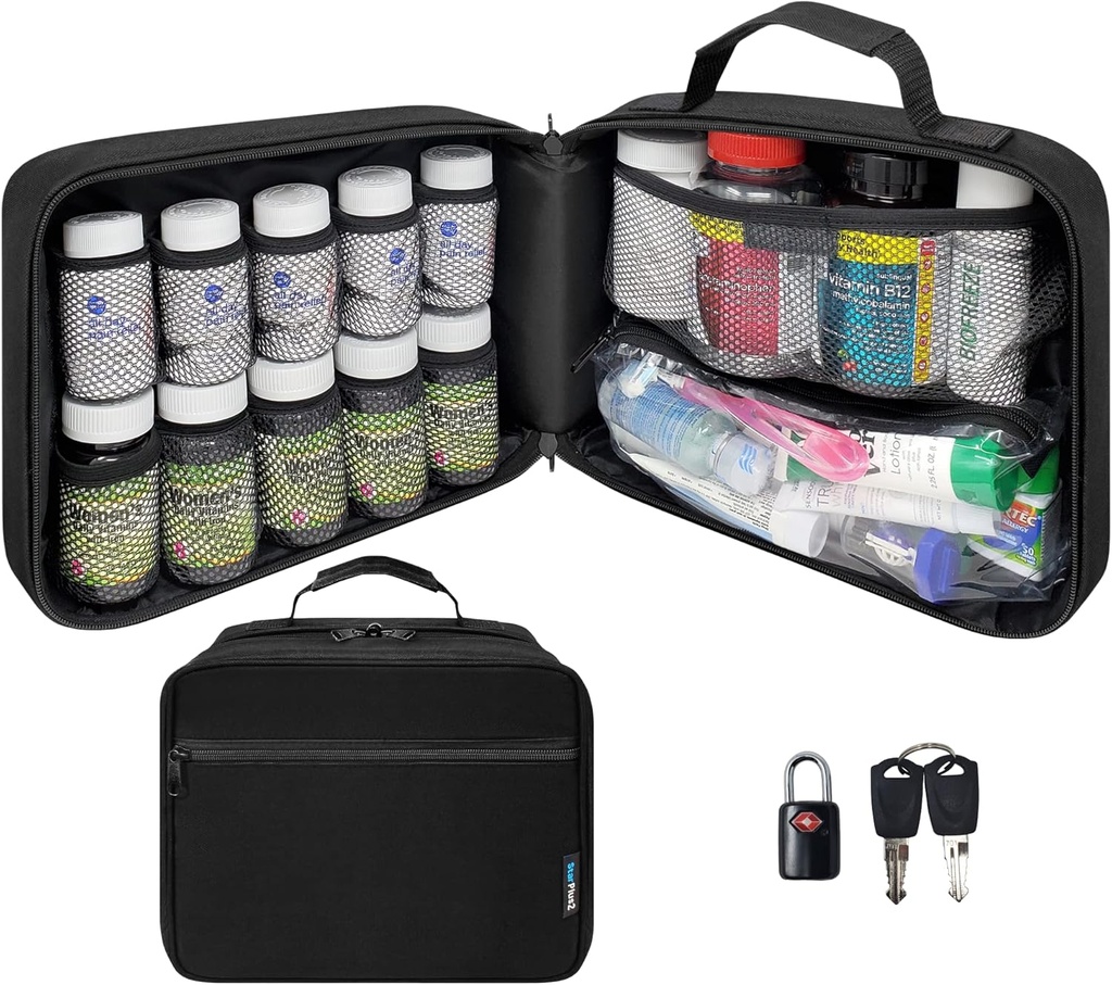 Grande organizzatore di bottiglie di pillole imbottite, borsa di medicina, caso, vettore per farmaci, vitamine e forniture mediche - organizzatore di medicina di viaggio e borsa Med di stoccaggio di casa - nero (con serratura TSA)