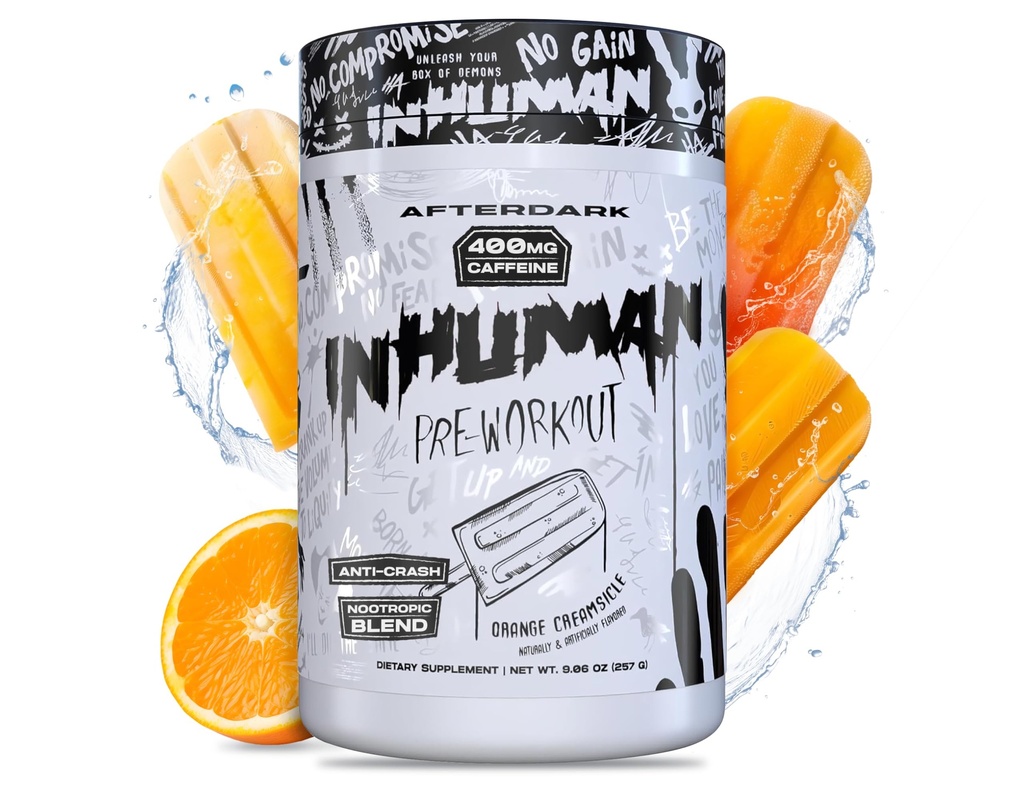 AFTERDARK INHUMAN polvere di pre-allenamento, connessione Mente-Muscle potenziata, energia sostenuta, Potente miscela nootropica, Vegan, senza glutine, senza soia, 400 mg di caffeina, senza Crash, crema arancione