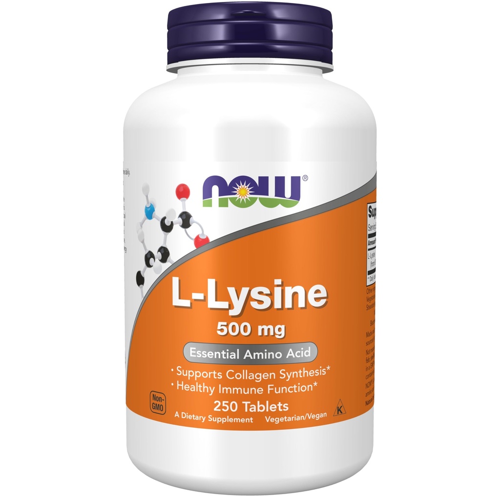 NOW Integratori, L-Lysine (L-Lysine Hydrochloride) 500 mg, Aminoacido, 250 compresse