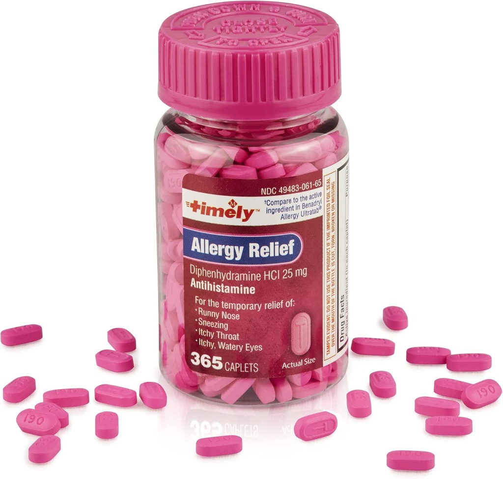 Allergia tempestiva Difenidramina HCl 25 mg - 365 Caplets - Rispetto al Benadryl Allergy Ultratab - Antistamina - Medicina Allergia - Runny Nose Relief per Adulti - Trattamento Occhi Watery