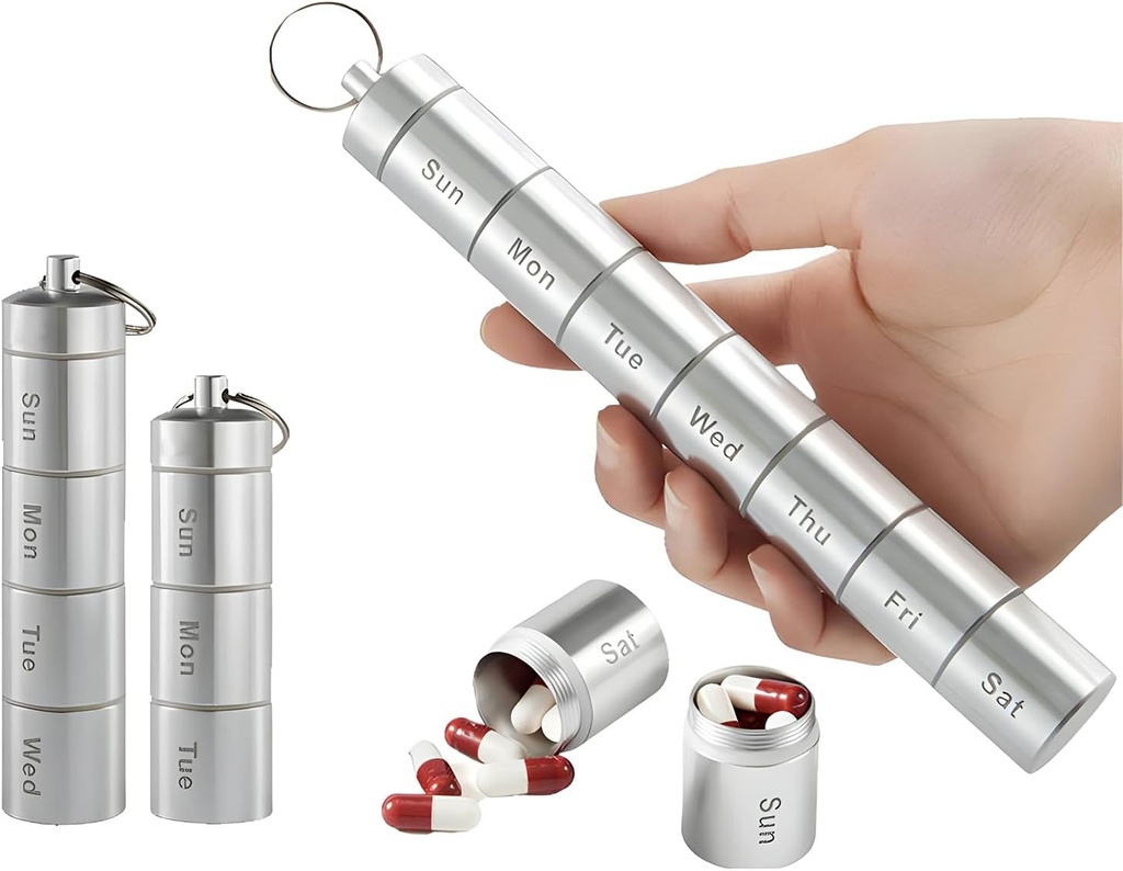 Zam-Zam Organizzatore giornaliero delle pillole | Portable 7 Day Pill Organizer | Large Capacity Travel Pill Container | Convenient Weekly Pill Box for Medicine | Travel Pill Organizer with Labels(Aluminum)