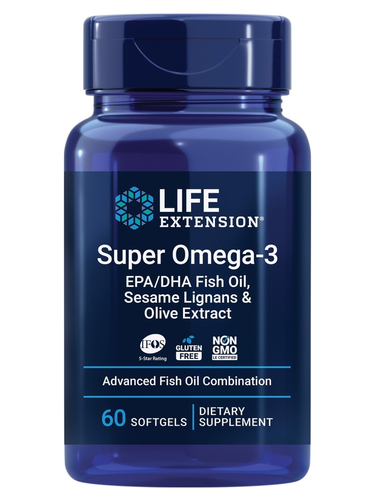 Estensione della vita Super Omega-3 EPA/DHA Fish Oil, sesamo Lignans & Olive Extract – Salute del cuore, Salute del cervello, Inflammation Health Support, Cholesterol Health Support, Gluten-Free, Non-OGM, 60 Softgels