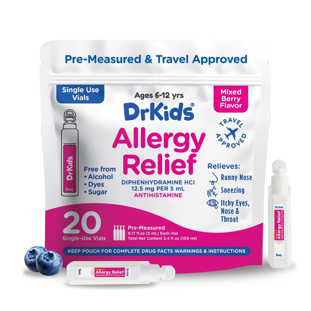 Dr. Children's Allergy Relief Medicine with Diphenhydramine - Pre-Measured Single-Use Vials, Bambini Antistamina per Sneezing, Runny Nose & Itchy Eyes, Misto Berry Flavor, 20 Conte (Pack of 1)