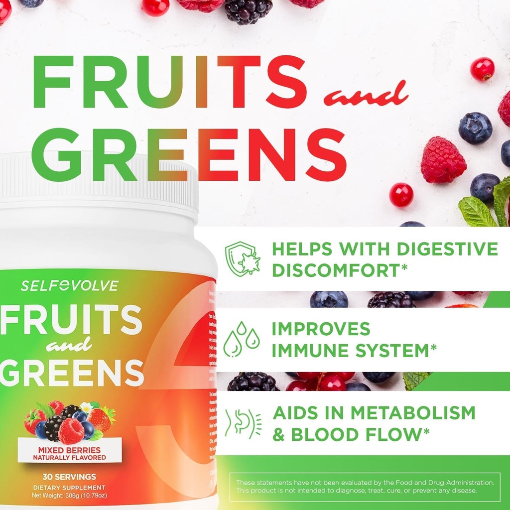 Frutti e verdi polvere probiotica organica: 30 Serve per uomini e donne. Vegan con 10 miliardi di CFU, Spirulina, Kale, Spinach, Chlorella, Elderberry, Enzimi digestivi - Probiotici