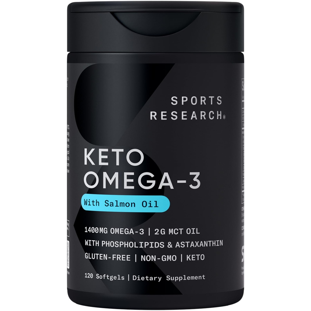 Sport Research® Keto Omega Fish Oil 1400mg - Full Spectrum Omega-3 Blend con Astaxanthin & Coconut MCT Oil - Keto Certified, Soy & Gluten-Free (120 Softgels)