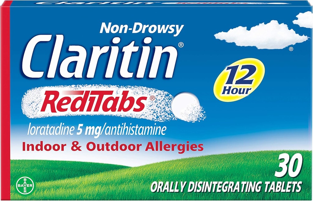 Claritin RediTabs 12 Hour Allergy Medicine, Non-Drowsy Prescription Strength Allergy Relief, Loratadine Antihistamine Tablets, 30 Conte, Confezione da 2