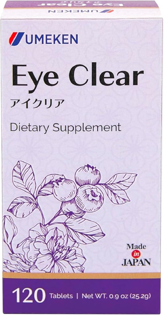 Umeken Eye Clear Integratore alimentare, Estratto di mirtillo, Lutein, Zeaxanthin, Ginkgo, Integratori di visione per adulti, Vitamine di occhio, Alimentazione di 2 mesi, 120 compresse, Confezione da 120
