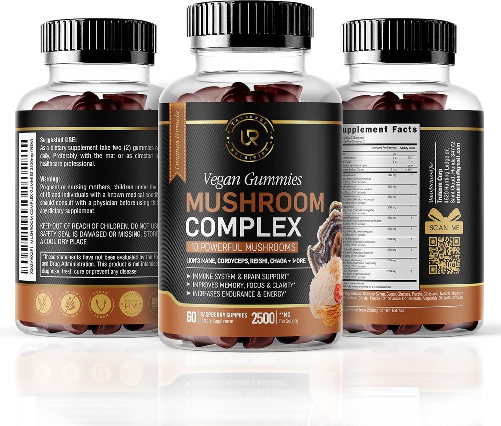 Mushroom Gummies | 10 Mushroom Supplement | 2500mg | Tail Turchia, Chaga, Reishi, Cordyceps & Lions Mane Organic Mushroom Extract, Nootropic Brain Booster (180 Count (Pack of 3))