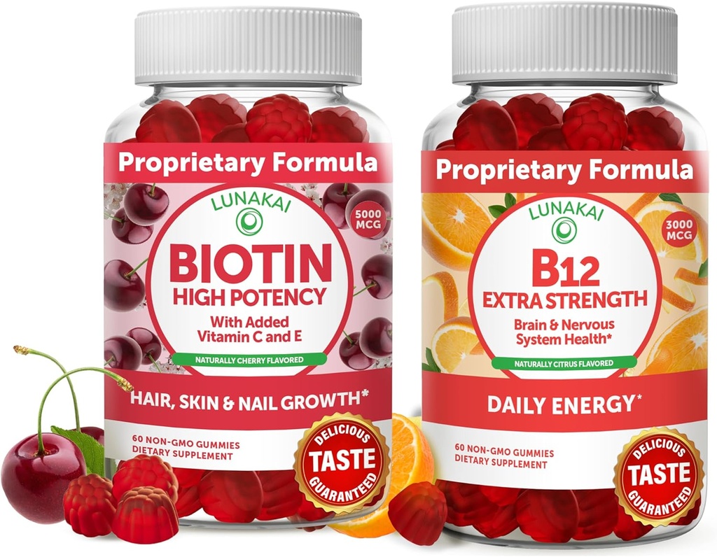 Lunakai Biotina e Vitamina B12 Gummies Bundle - Capelli Pelle e Chiodi di Crescita Gummies con Vitamina C ed E - Non-GMO & Vegan Supplemento per il supporto energetico e la salute del chiodo - 30 giorni di alimentazione