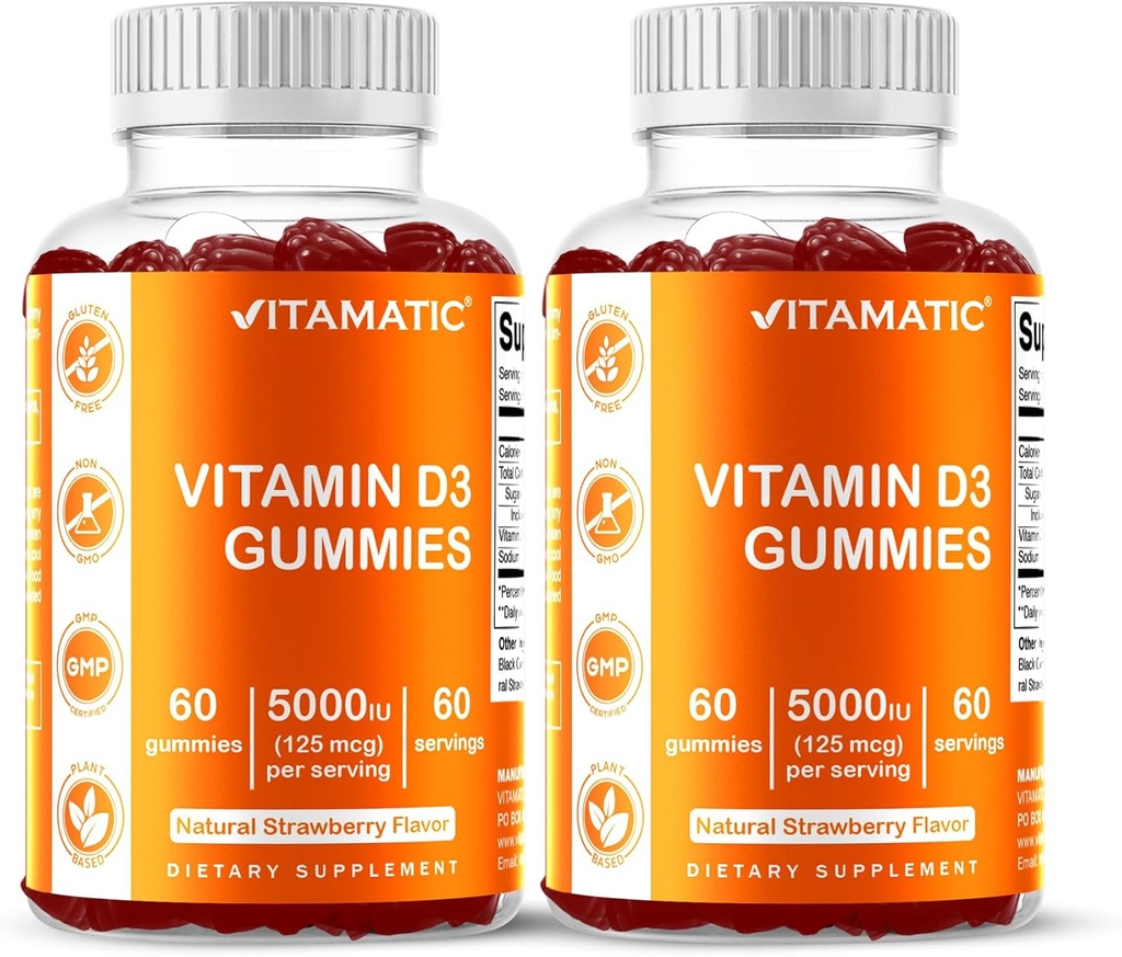 Vitamatic Vitamina D3 Gummies – 5000 IU Per Gummy | 60 Gummies per Bottiglia | Confezione da 2 (Totale 120 Conte) Grande Guste | Supporti Bone, Teeth, Mood, Joint & Immune Health