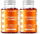 Vitamatic Vitamina D3 Gummies – 5000 IU Per Gummy | 60 Gummies per Bottiglia | Confezione da 2 (Totale 120 Conte) Grande Guste | Supporti Bone, Teeth, Mood, Joint & Immune Health