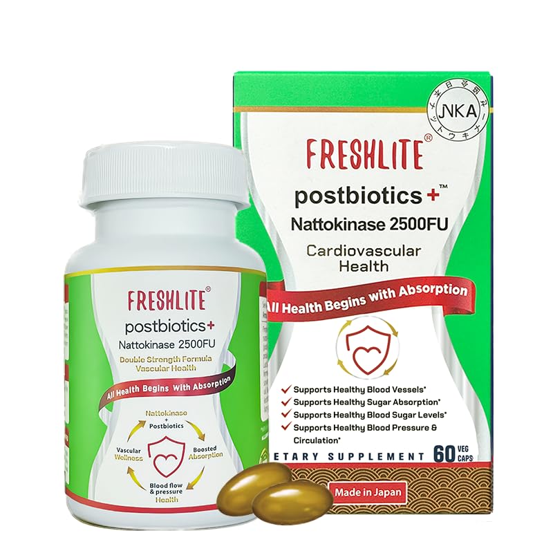 FRESHLITE 2500FU Premium NSK-SD Nattokinase & Vegan Postbiotics per supporto cardiovascolare | Pressione sanguigna, colesterolo e salute del cuore | Certificato JNKA | Non OGM, Senza glutine, 60 capsule Giappone Made