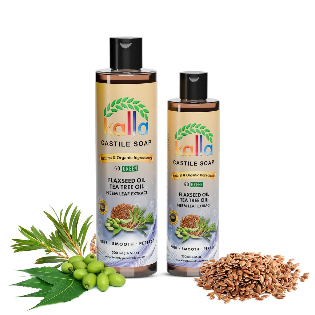 Kalla Organic Flaxseed Castiglia sapone100% Pure Castiglia Liquid Soap Neem foglia Estratto-250ml, Certificato Cold Press Coconut Oil, Tea Tree essenziale Castiglia Gluten Free Hand