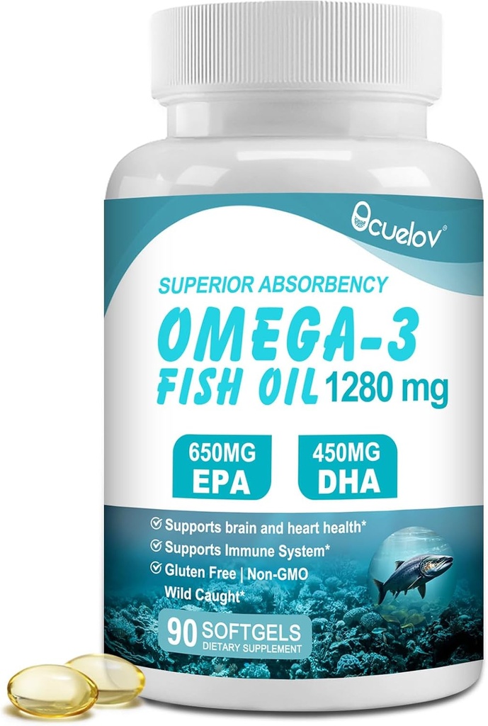 Integratori di olio di pesce Omega 3, supplemento nutrizionale tripla forza Omega 3 con 650mg EPA 450mg DHA per la dose - cervello, occhio, cuore e assistenza sanitaria immunitaria - 90 Softgels (45 Serv)