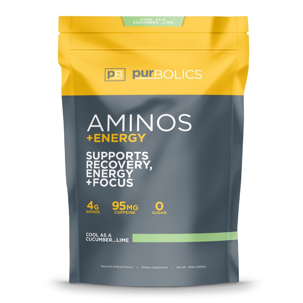 Purbolics Aminos + Energy | Supports Recovery, Energy & Focus | 95mg di caffeina, 0 Zucchero & 60 Serve (Cool As Cucumber...Lime)