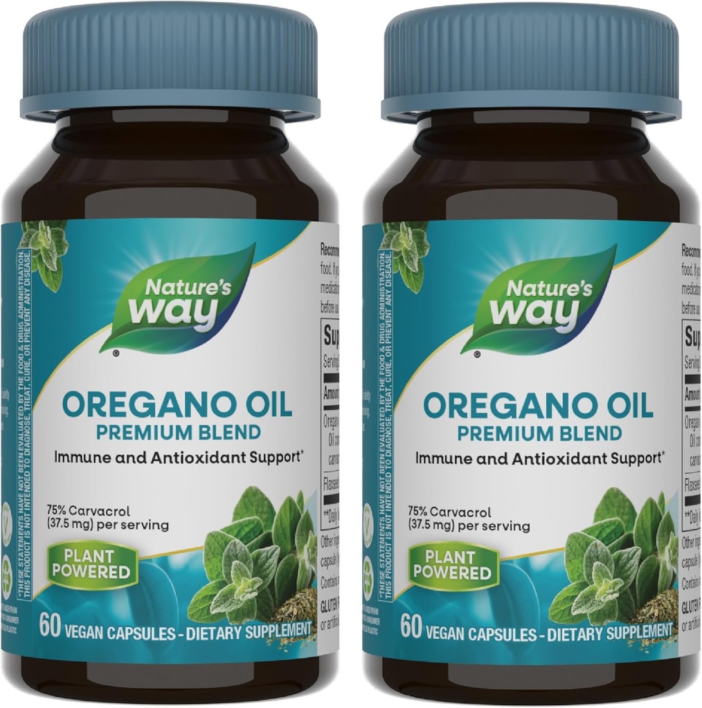 Olio di origano naturale – Integratore di supporto immunitario* - 75-85% Carvacrol – Gluten Free – 60 capsule vegane (2 Pack)