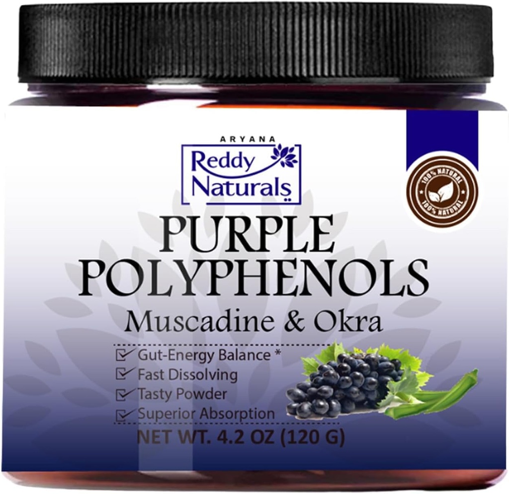 Reddy Naturals - Supplemento di polifenoli viola con estratto di semi di uva di Muscadine - Polvere naturale di sostegno della salute del fegato con Estratto di Okra, miscela antiossidante per l'energia e la salute digestiva (30 porzioni)