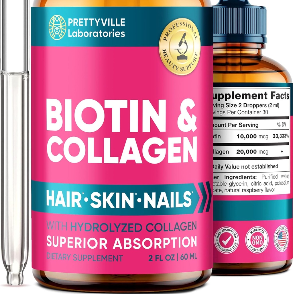 Liquid Collagen & Biotin per le donne - 30000mcg Hair Growth Complex - Made in USA - Collagen idrolizzato & Biotin olio per la crescita dei capelli, pelle sana & Nails - Vegan Collagen & Biotin Source - 2 fl oz