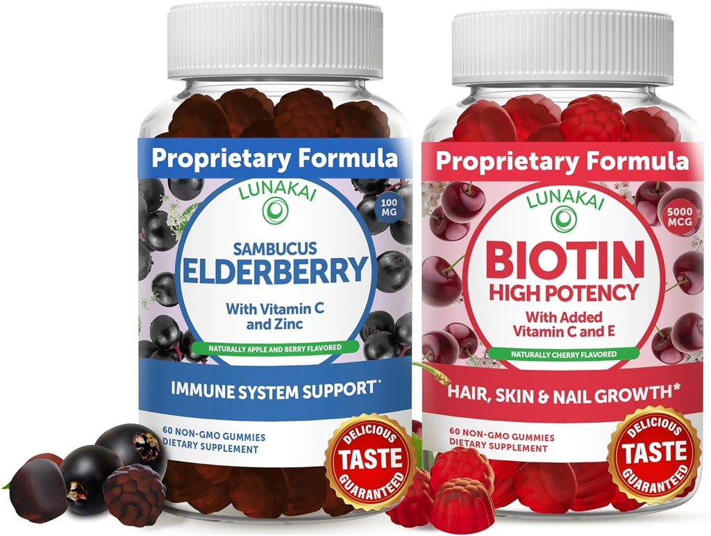 Lunakai Biotin & Elderberry Gummies Bundle - Gummy for Hair Growth, Skin Glow and Stronger Nails with Vitamin C and E - Integratore di supporto immunitario per adulti e bambini