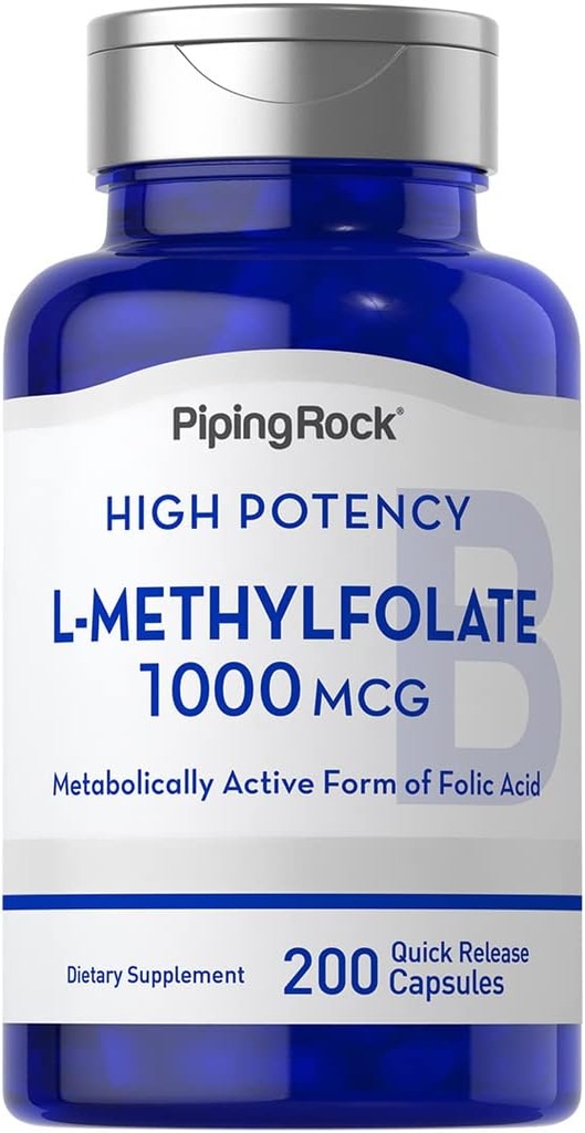 Piping Rock L Methylfolate Supplement | 1000 mcg | 200 capsule | Forma attiva di acido folico | Non-GMO, senza glutine