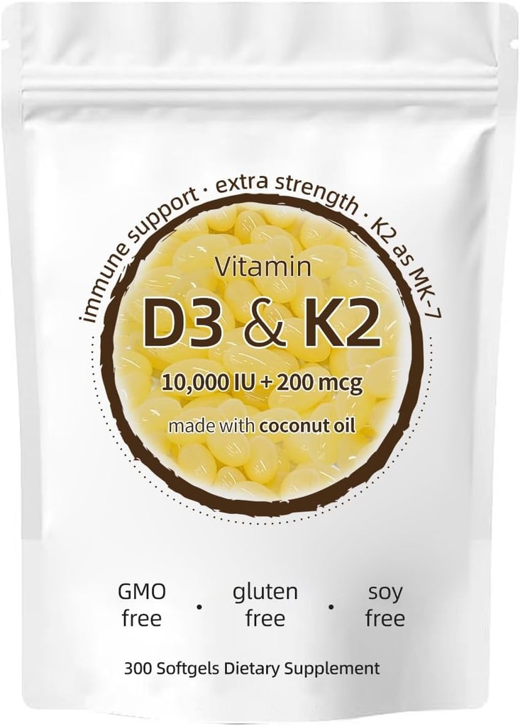 Vitamina D3 K2 Supplemento, 10000 IU D3 + 200 MCG K2, 300 Softgels, Non OGM, Senza glutine