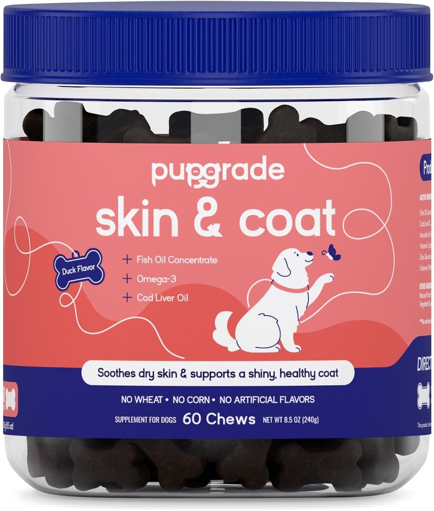 PupGrade Skin & Coat Soft Chew Supplement per i cani – Supporta la pelle sana, il cappotto e la funzione immunitaria - Ricco di olio di pesce naturale, acidi grassi Omega, e vitamine – 60 Soft Chews
