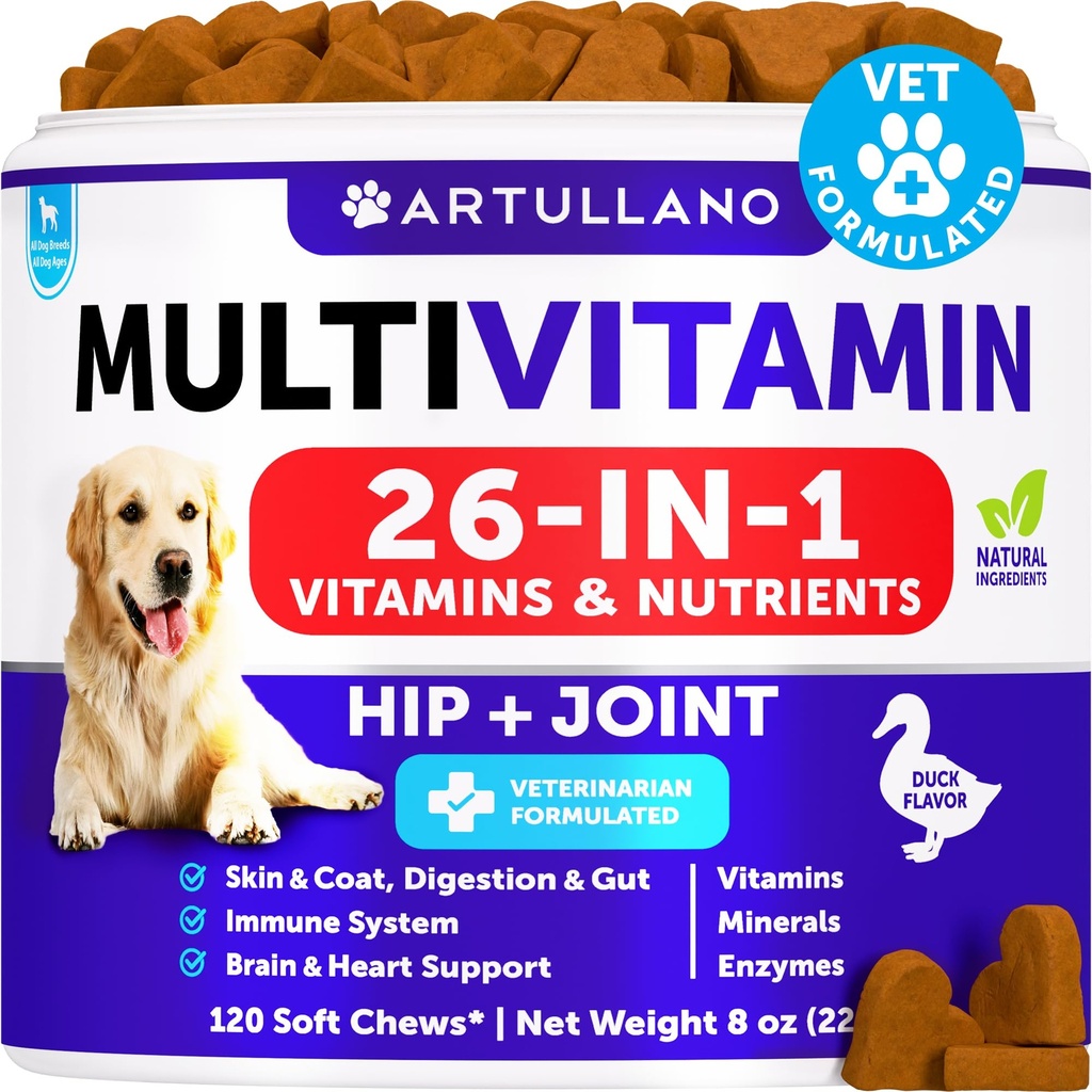 Cane Multivitamina Masticabile con Glucosamina 26 in 1 - Vitamine e Supplementi per cani - Senior & Puppy Multivitamin per cani - Pet Joint Support Health - Immunity, Mobility, Gut Skin - 120 Chews