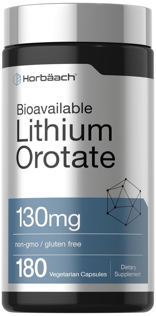 Horbäach Lithium Orotate 130mg | 180 capsule | Non OGM, Gluten Free | 5mg Biodisponibile Lithium Elemental