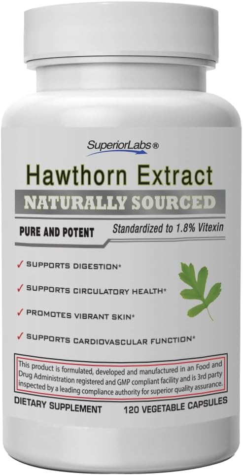 Superior Labs Hawthorn Berry 300mg, Pure Non-GMO, Additive-Free Hawthorn Extract Capsules, High-Potency Circulatory & Blood Pressure Support, Relieves Chest Pain, Digestion Aid, 120 Veg Caps