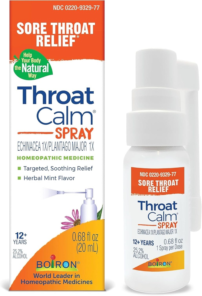 Boiron ThroatCalm Spray per Rilievo Sorriso Solitario - Pianta-Powered con Echinacea – Natural, Mint-Like Herbal Flavor - Non-Numbing & Benzocaine-Free - .68 Fl Oz