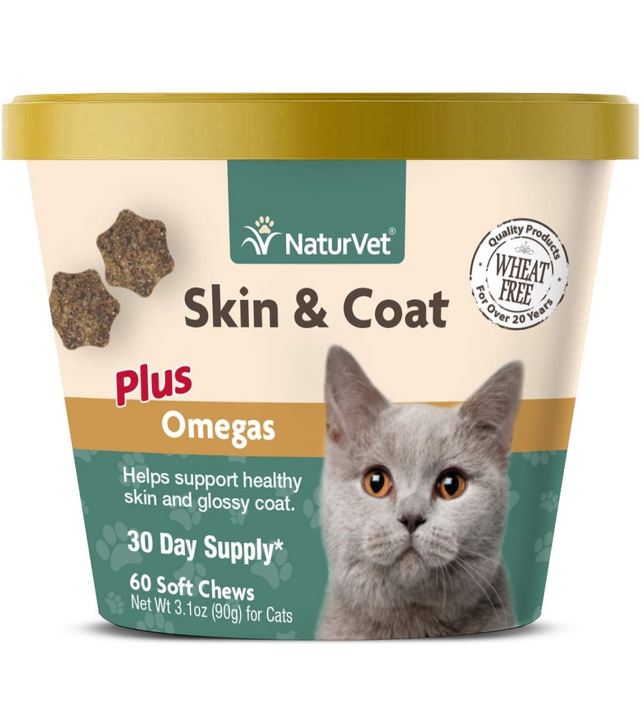 NaturVet – Skin & Coat Plus Omegas for Cats – 60 Soft Chews | Supporta pelle sana e cappotto lucido | potenziato con Omega-3, Omega-6 & Biotin | 30 giorni di alimentazione