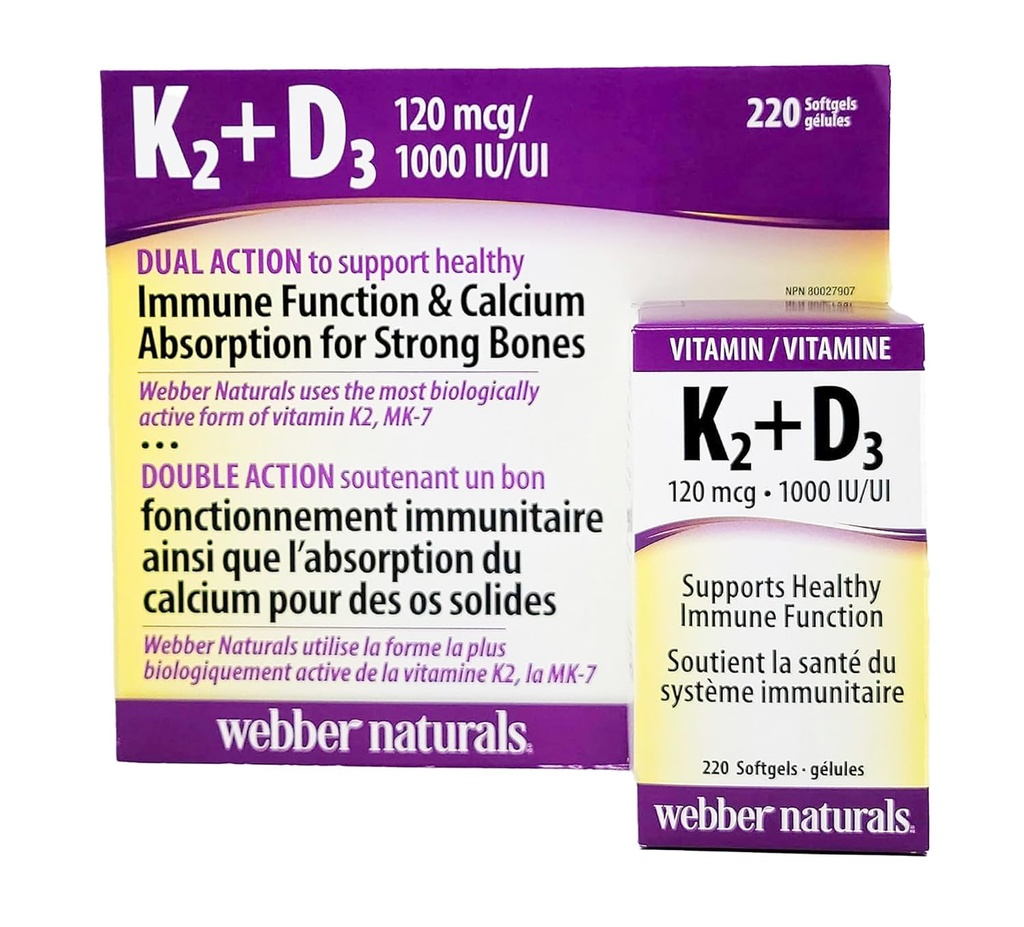Webber Naturals K2 + D3 120 mcg/1000 IU, Supporta la funzione immunitaria sana - 220 softgels